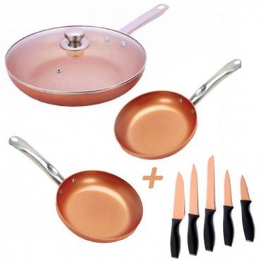 Copper Pan Set de 3 Sartenes de Cobre + Set 5 Cuchillos - Teletienda - La Teletienda en casa